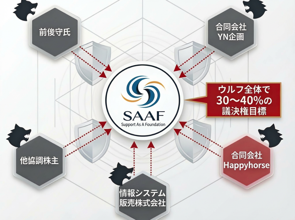 ウルフパック戦術の関係図：前俊守氏・合同会社YN企画・合同会社Happyhorse・情報システム販売株式会社・他協調株主が連携し、ウルフ全体で30〜40%の議決権目標