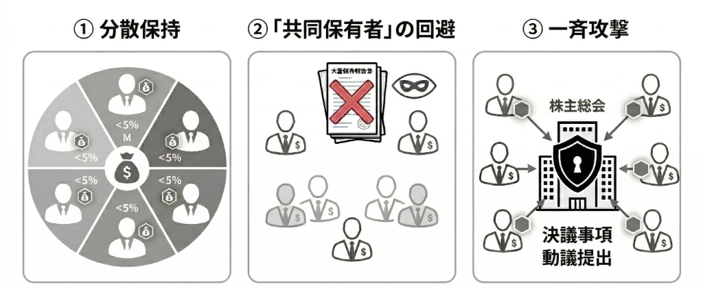 ウルフパック戦術のイラスト：①分散保持 ②「共同保有者」の回避 ③一斉攻撃